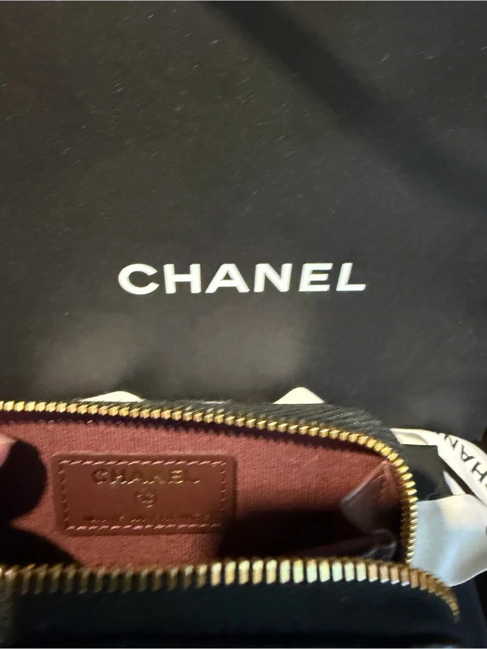 CHANEL Black Quilted Caviar Zip Card Wallet with Gold Hardware